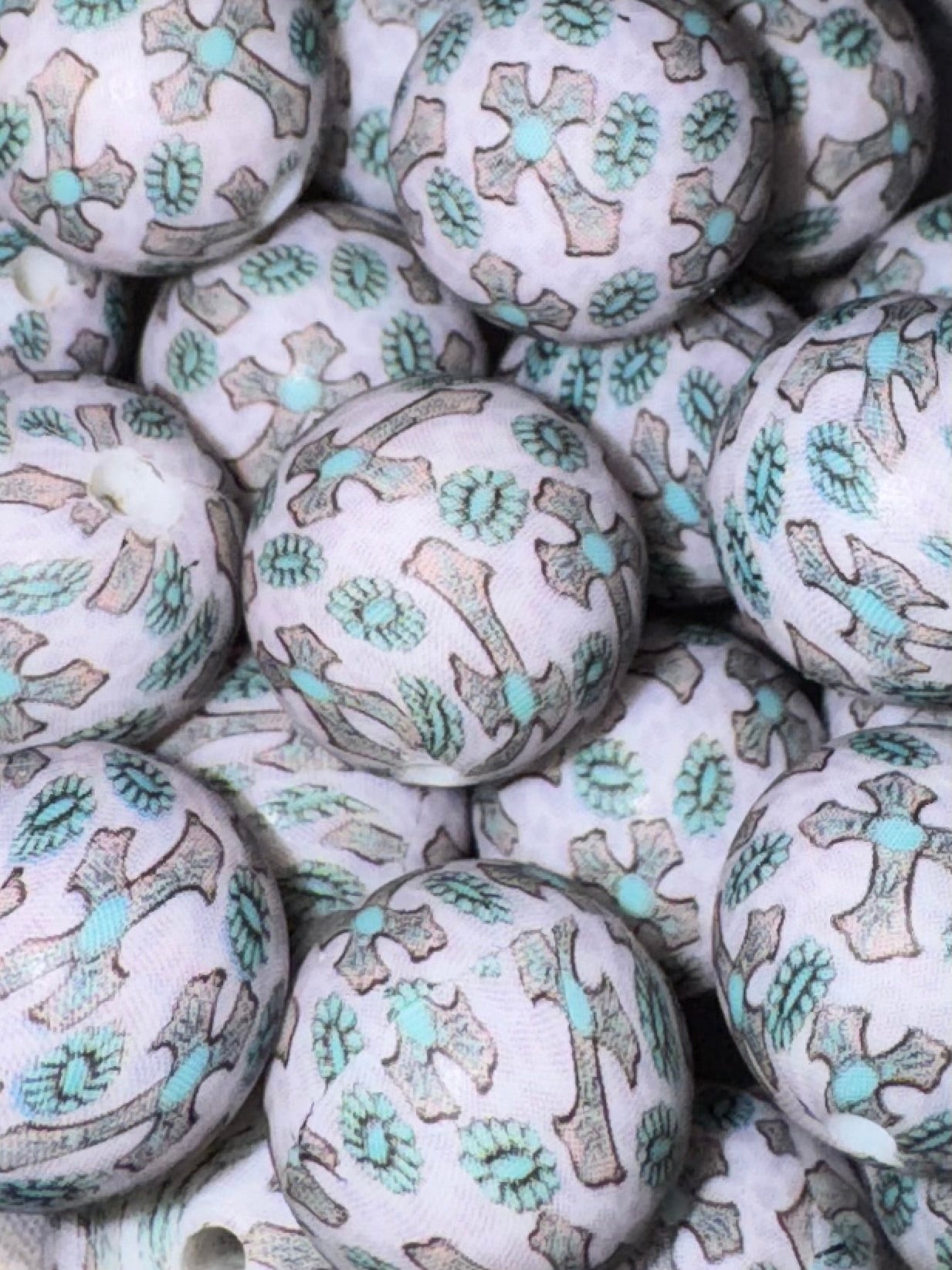 Turquoise Cross Printed Silicone Beads