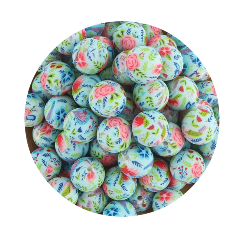 Blue with Pink Roses Silicone Beads