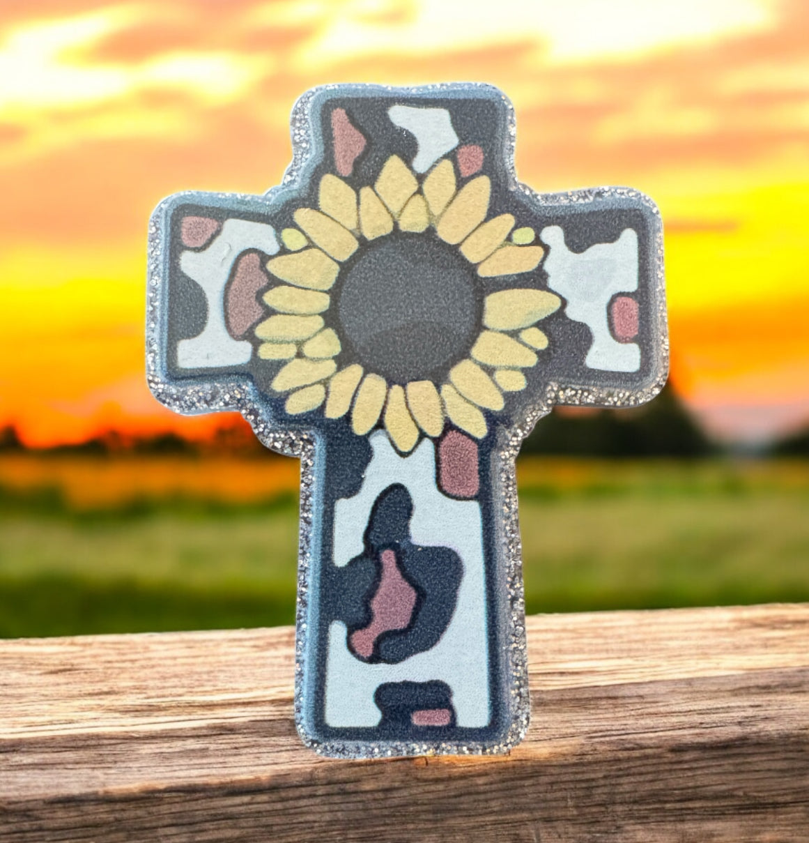 Leopard Sunflower Cross Acrylic Flatback