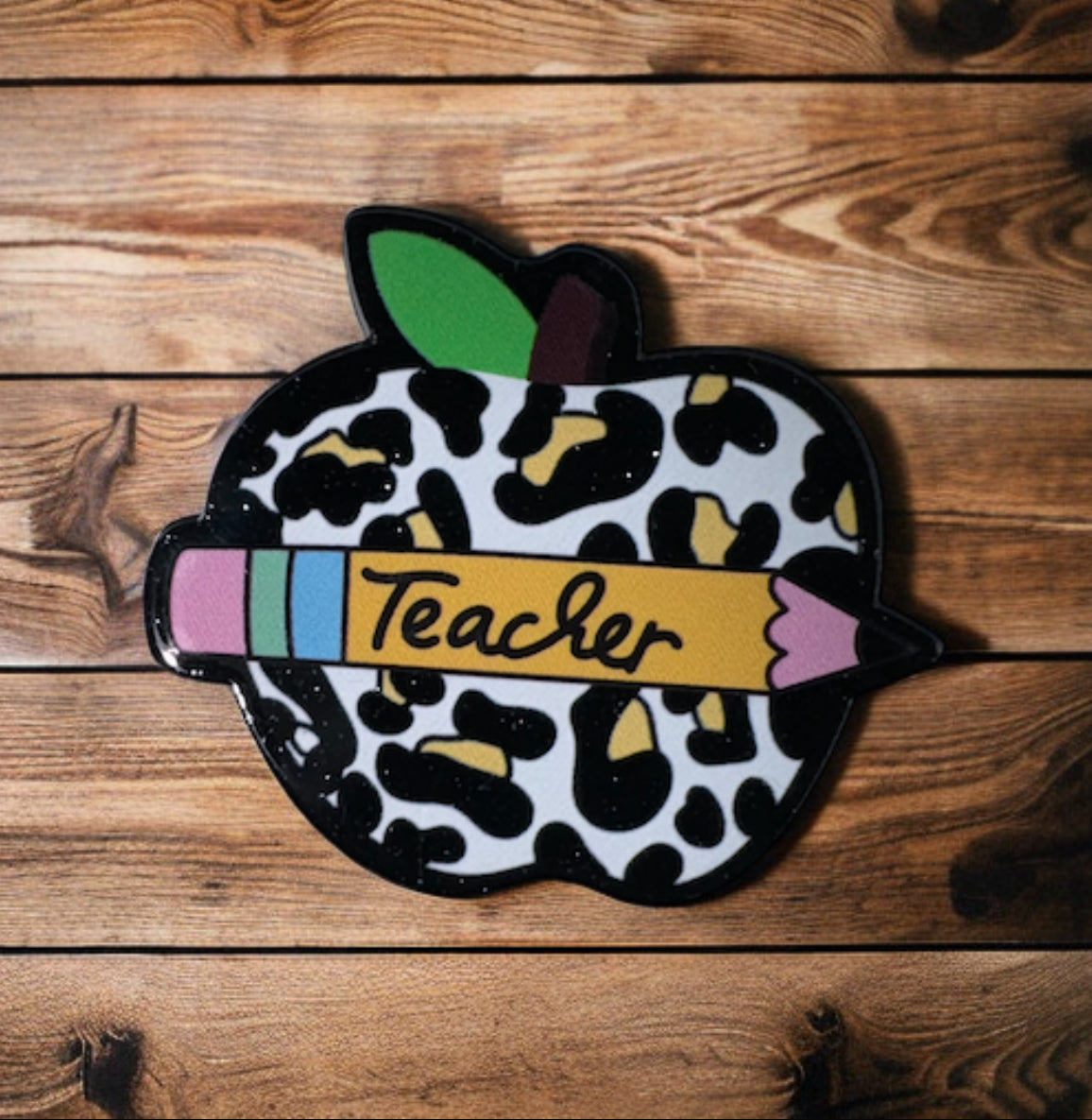 Leopard Teacher Apple Acrylic Flatback