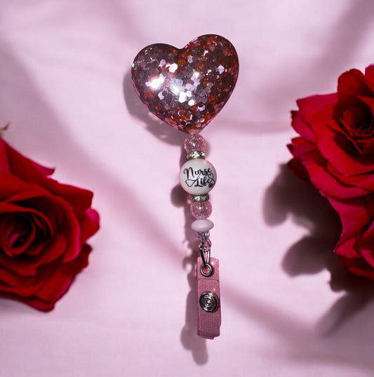 Nurse Life Pink Glitter Heart Badge Reel