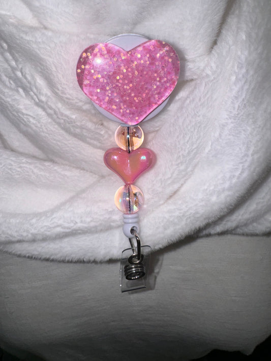 Pink Glitter Heart Badge Reel