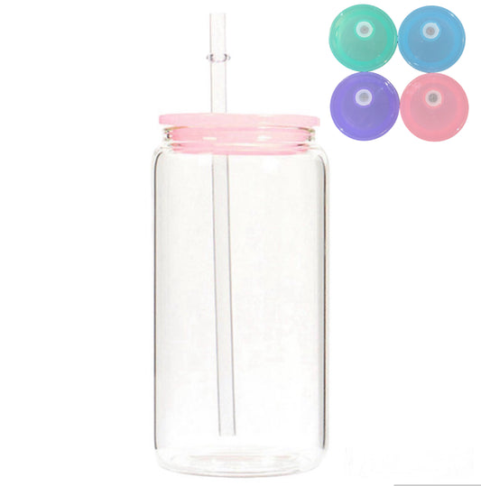16 Ounce Glass Can With Colored Plastic Lids