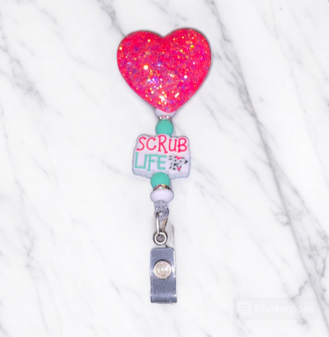 Hot Pink Glitter Heart Scrub Life Badge Reel