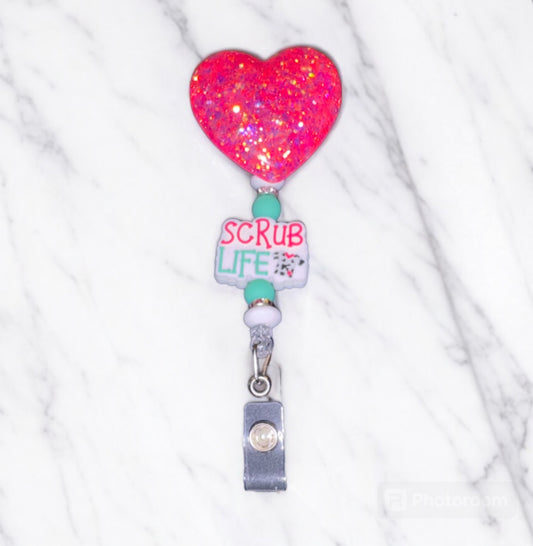 Hot Pink Glitter Heart Scrub Life Badge Reel