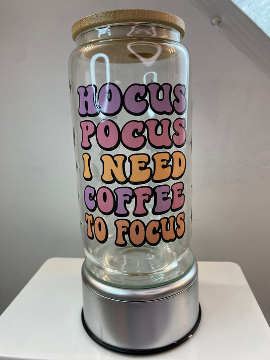 Hocus Pocus I Need Coffee To Focus 16 ounce Libbey Glass Can