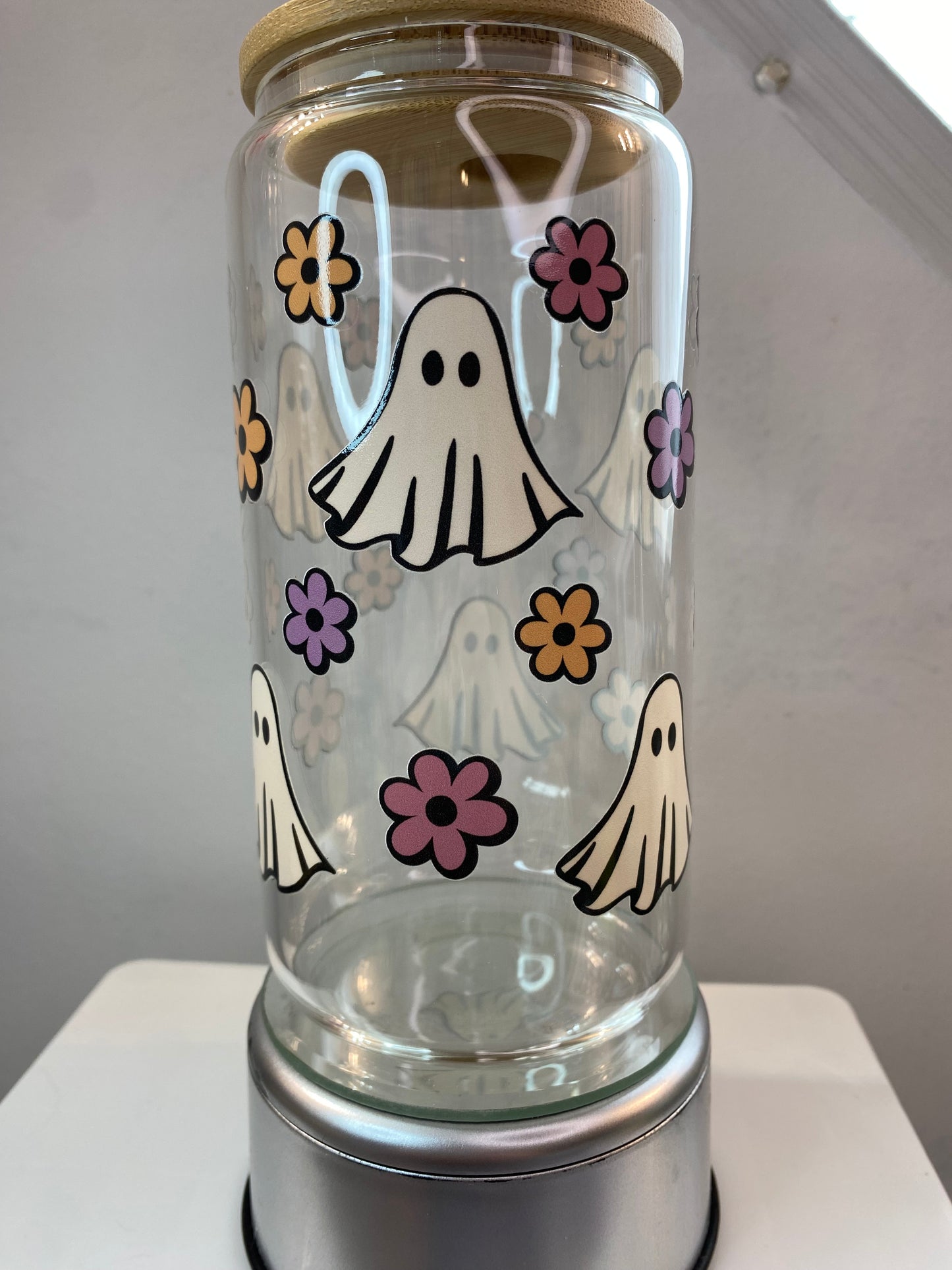 Retro Ghost and Flowers Libbey Glass Can Cup