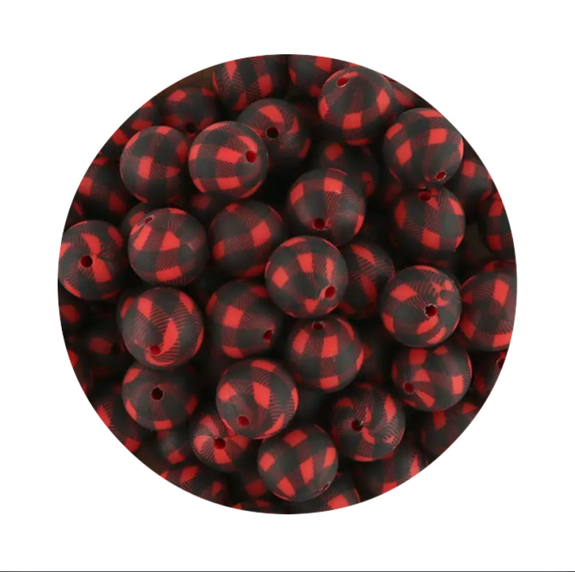Red and Black Buffalo Plaid Silicone Beads