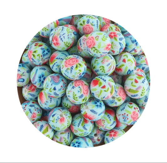 Blue with Pink Roses Silicone Beads