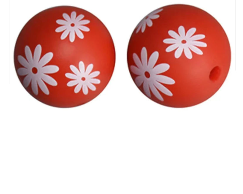 Red with White Flowers Silicone Beads