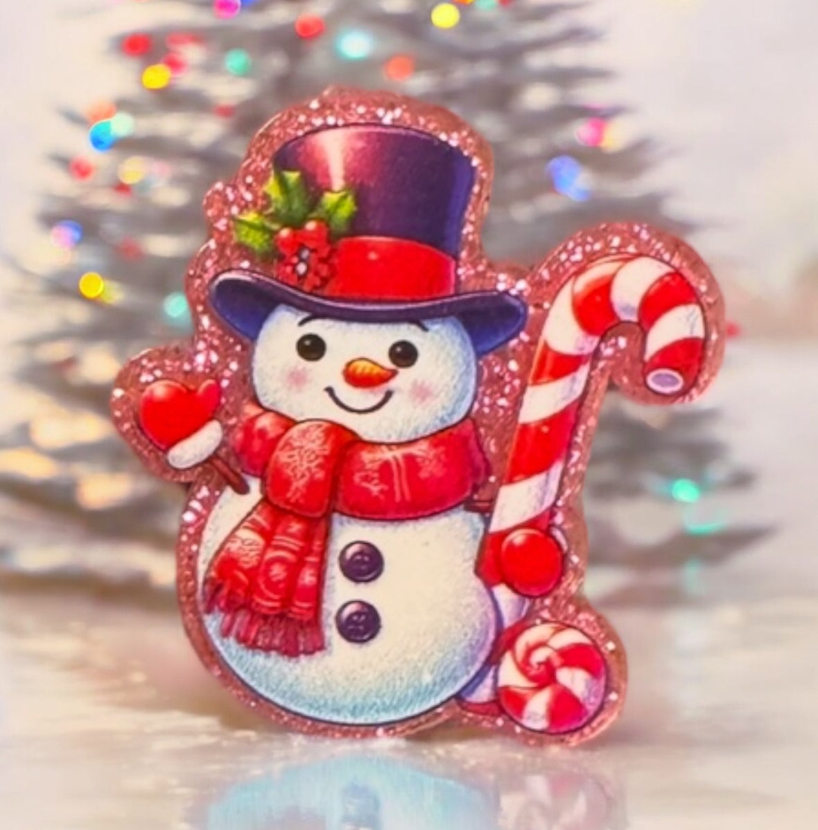 Snowman With Candy Cane Acrylic Flatback