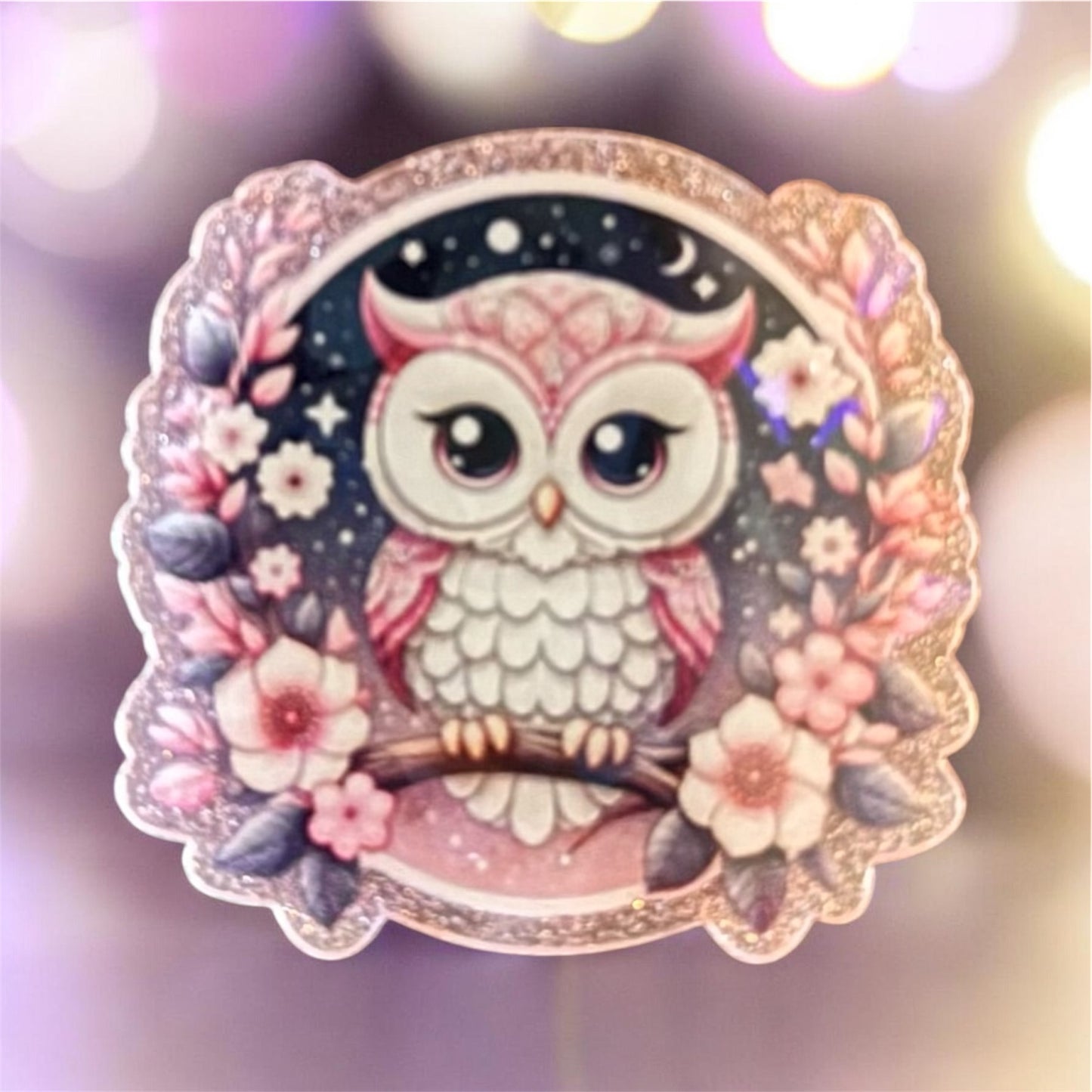 Pink Holographic Floral Owl Acrylic Flatback