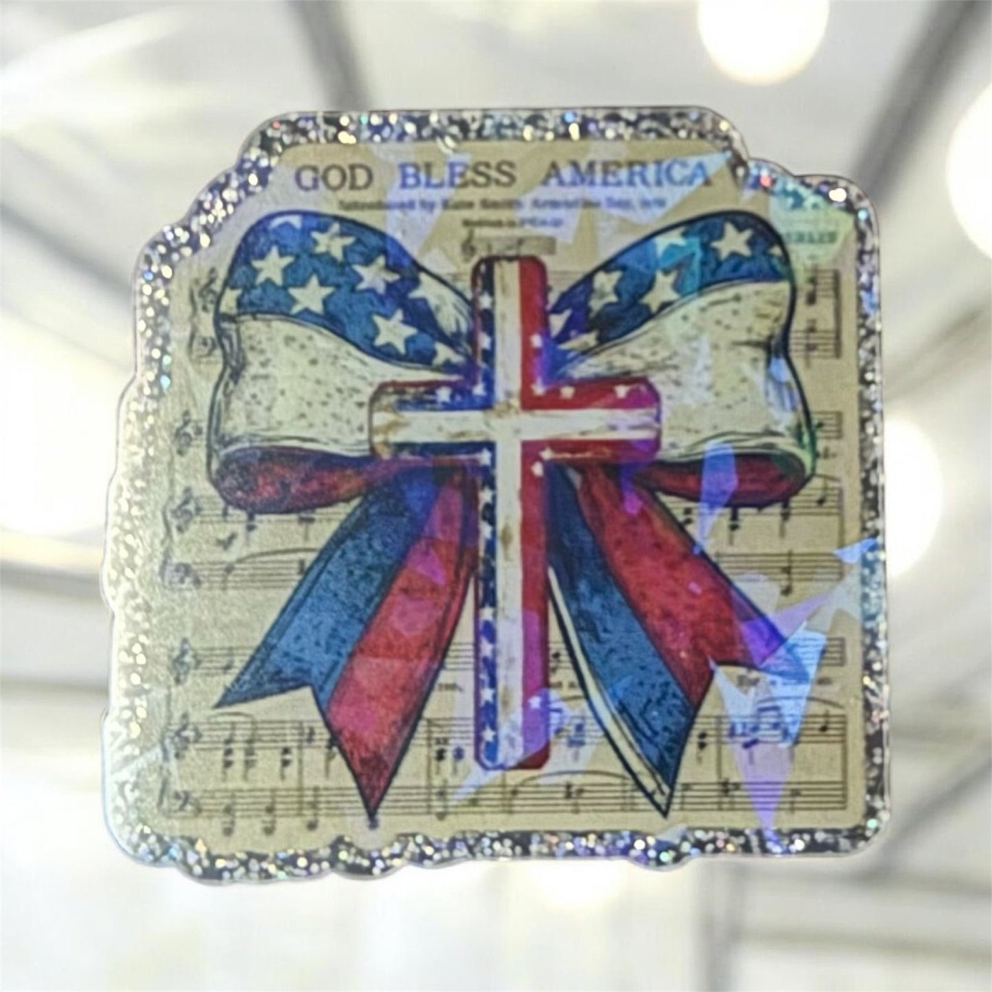 Holographic God Bless America Cross Acrylic Flatback